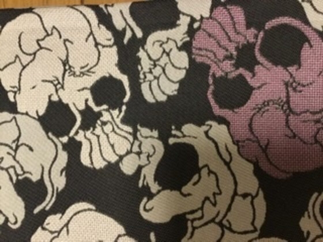新品〜半幅帯 国芳写し 猫髑髏(ネコドクロ) 織模様 黒地✖️紫✖️白 