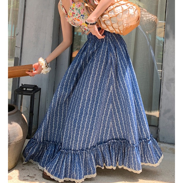 marine milk stripe frill lace hem skirt  e2007