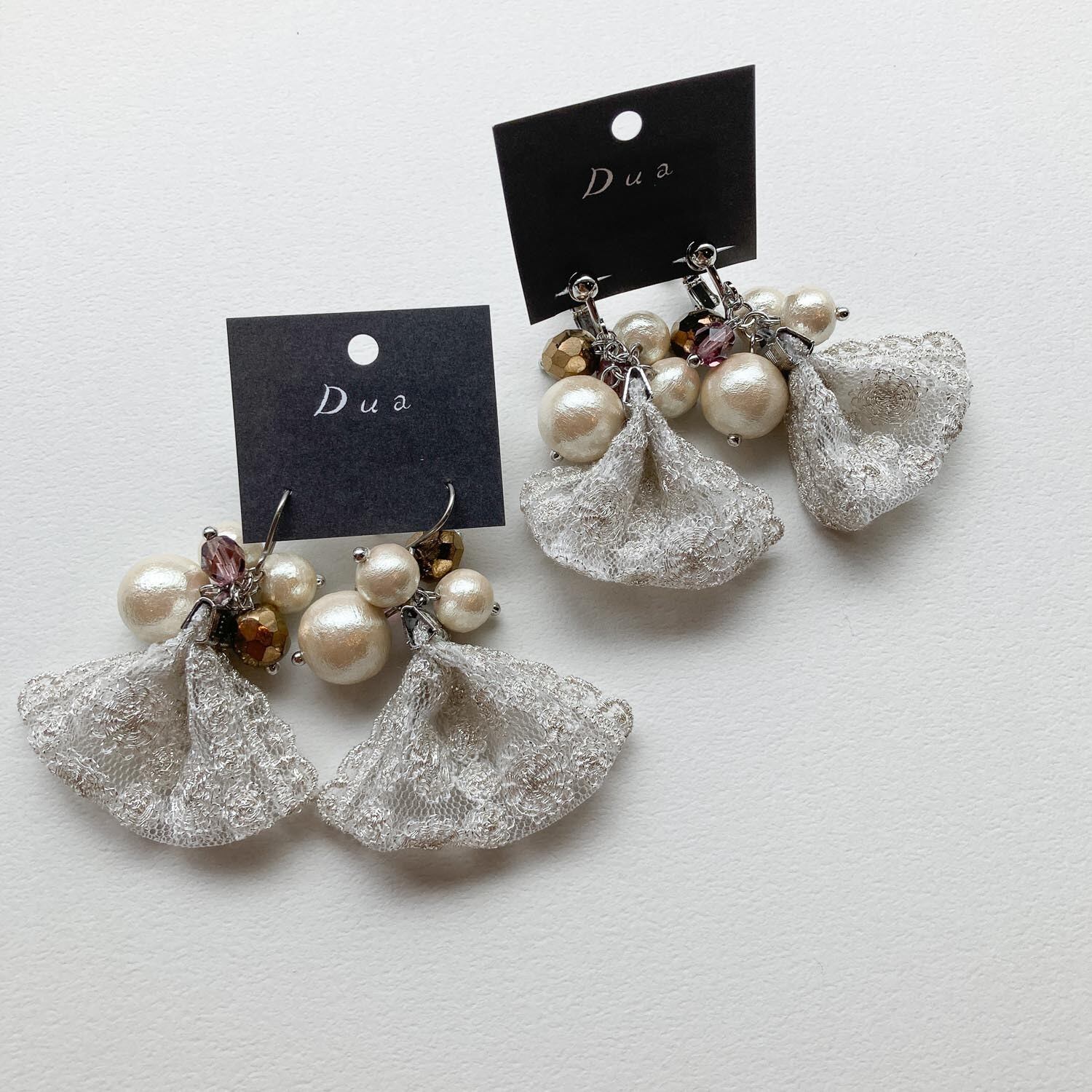 チュール レース ボタン 大ぶり ピアス イヤリング ポンポン ドット