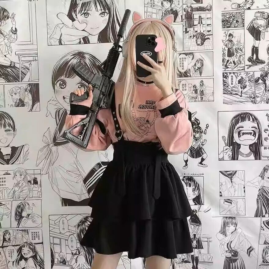 ファッション セットアップ 長袖シャツ サスペンダースカート アニメ