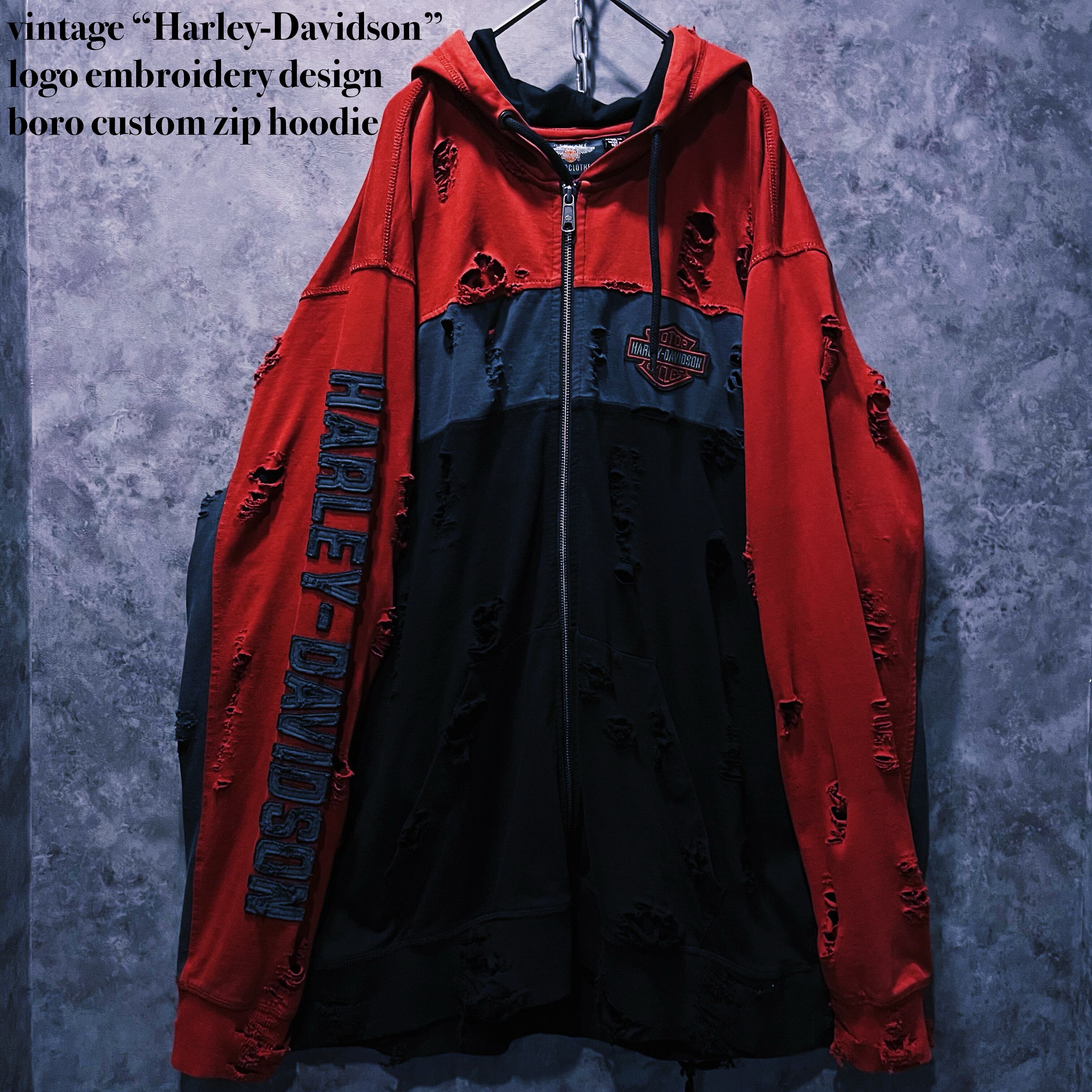【doppio】vintage “Harley-Davidson” logo embroidery design boro custom zip hoodie