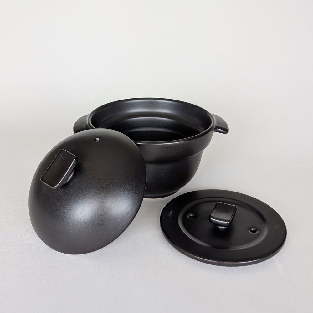 萬古焼　おひつ炊飯鍋　黒い陶器製土鍋 蓋付き　一合用 ご飯鍋 1合炊き 直火専用 黒マット 二重蓋 萬古焼 | みのさらら