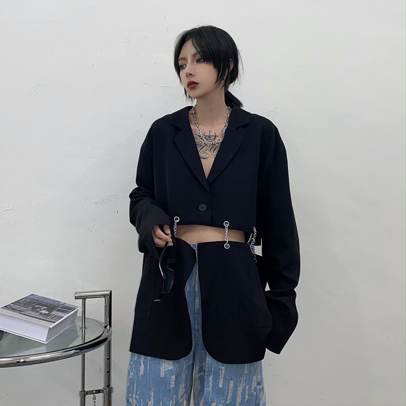 都谷シリーズ ブレザー アウター ファション 切り替え かっこいい ブラック 黒い ゆったり M L Elegant