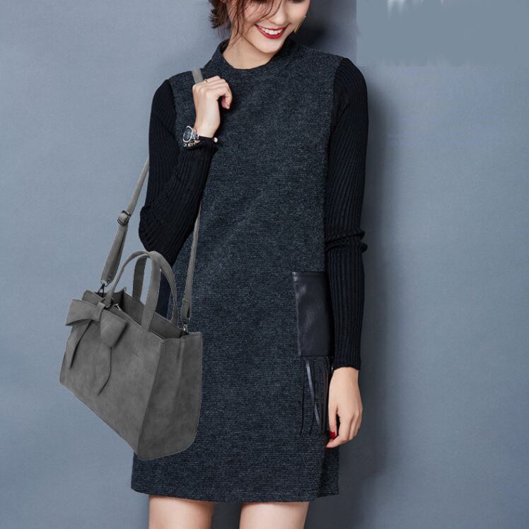 ショルダーベルト付き♪ リボンモチーフ レザー ハンドバッグ  2WAY チャコール ダークグレー