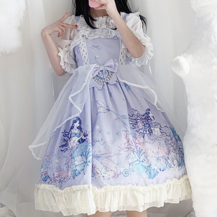 SEASONZ 梦梦の工作室シリーズ スイートロリータ JSK ジャンパースカート パステルカラー パープル ファンシー かわいい 人魚柄 ウエストリボン JK ゆめかわ