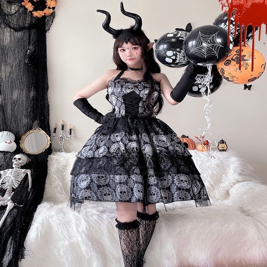 SEASONZ ロリータ ドレス ゴスロリ スカル柄 ビッグホーン 病み可愛い