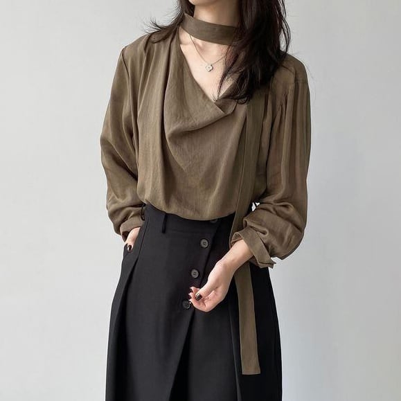 drape neck bow tie blouse 14714
