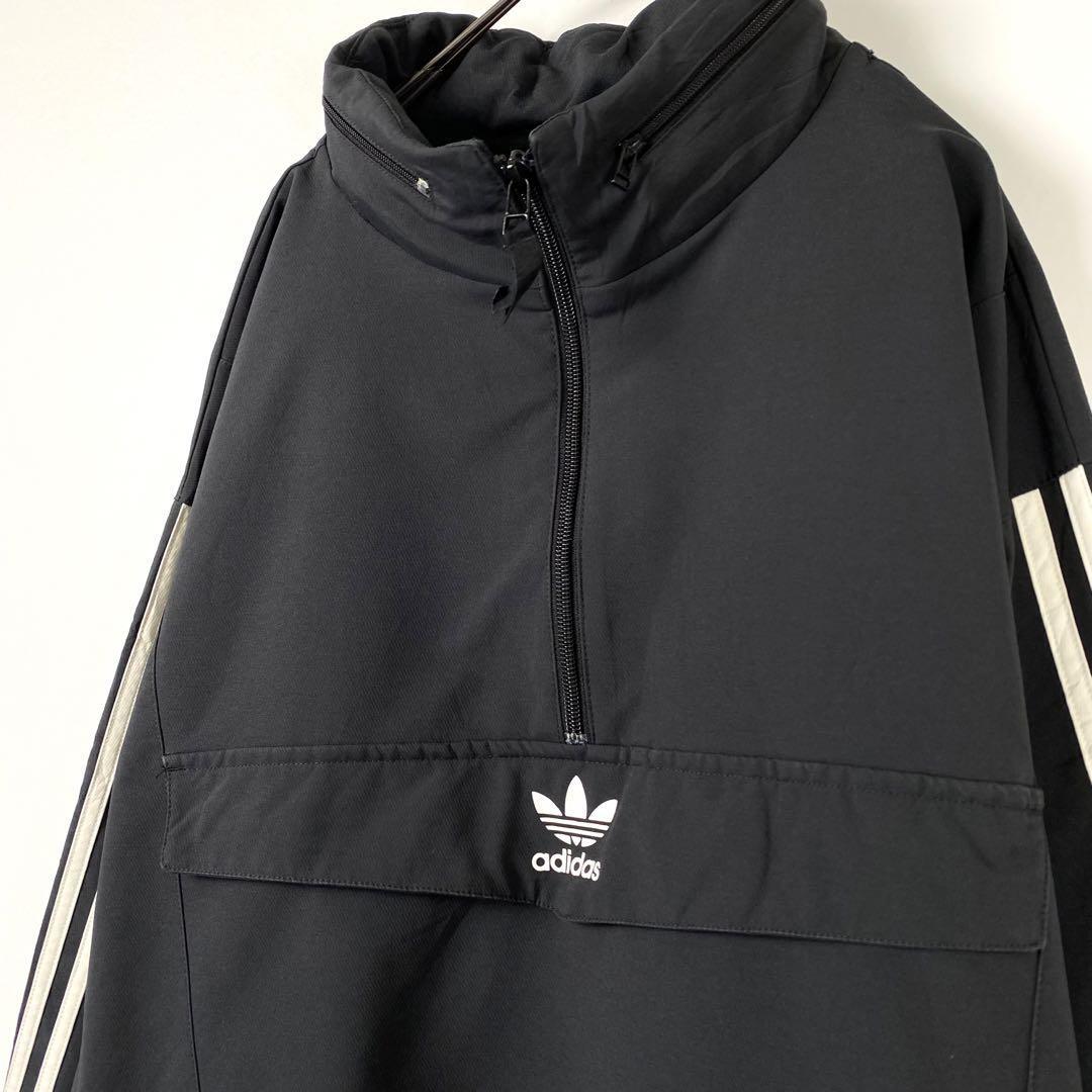 L 古着 adidas センターロゴ ハーフジップ アノラックパーカー 黒 L