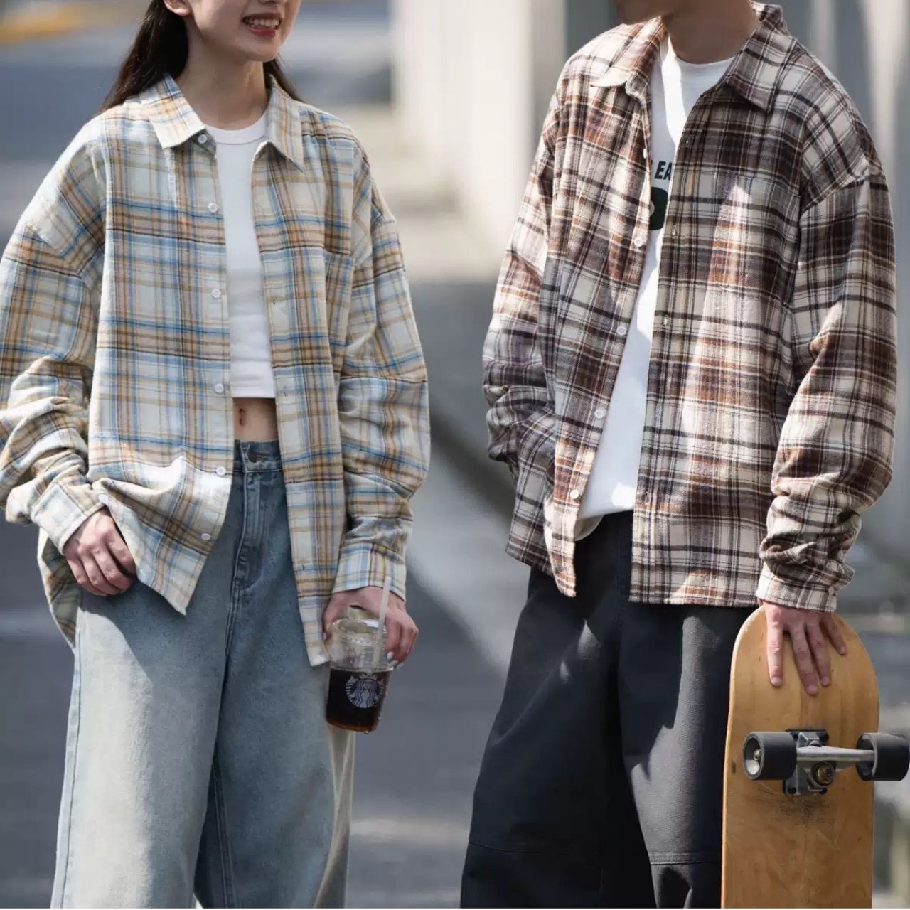 コットンカジュアルルーズチェック柄シャツ　1023