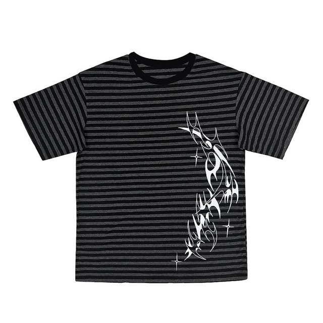 黒霧の残像線 トライバル柄ボーダーサブカル系オーバーサイズTシャツ