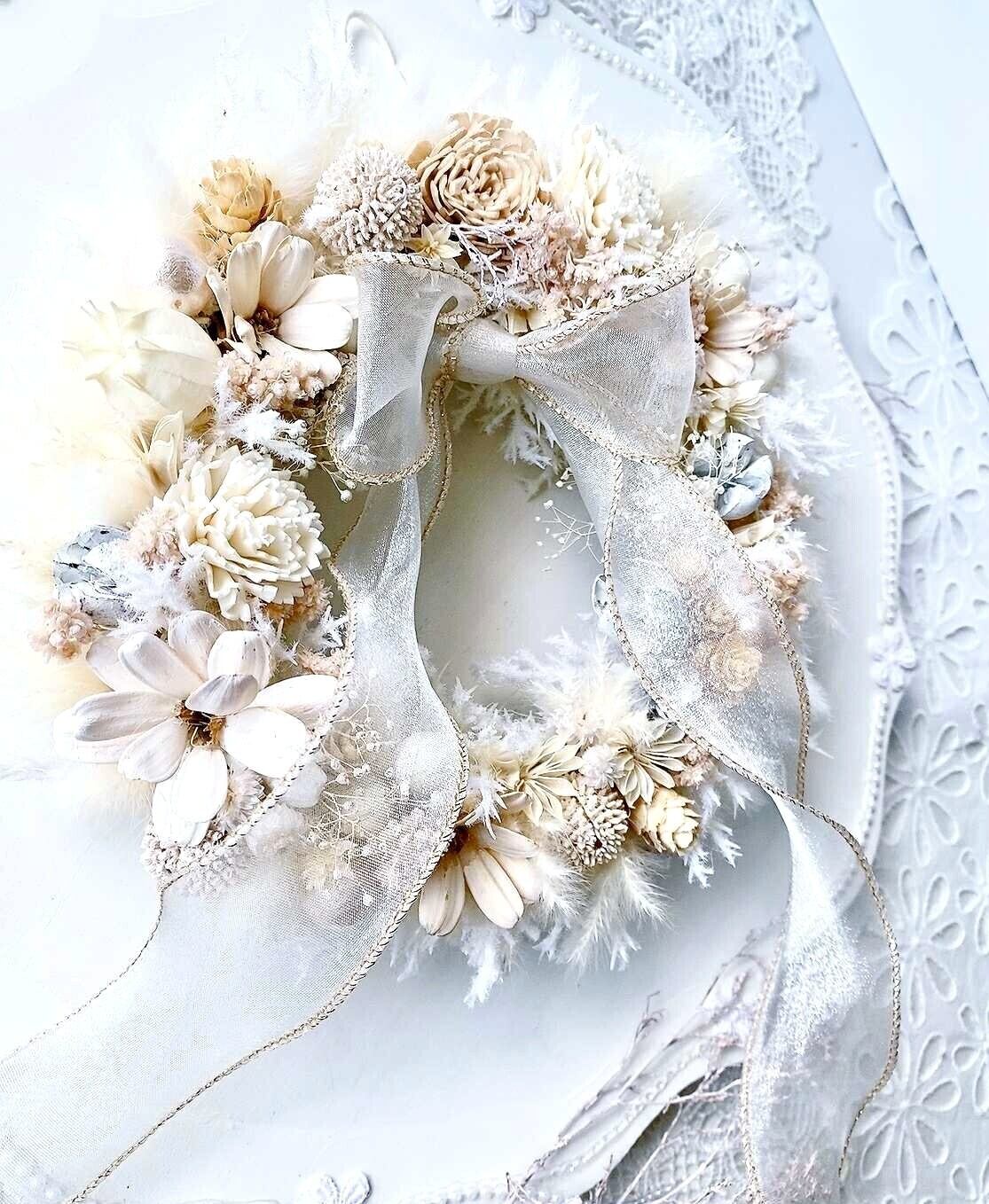 【WR-002】【ふんわり優しいホワイトリース】アイボリー×ドライフラワー/壁掛け/インテリア/贈り物におすすめ