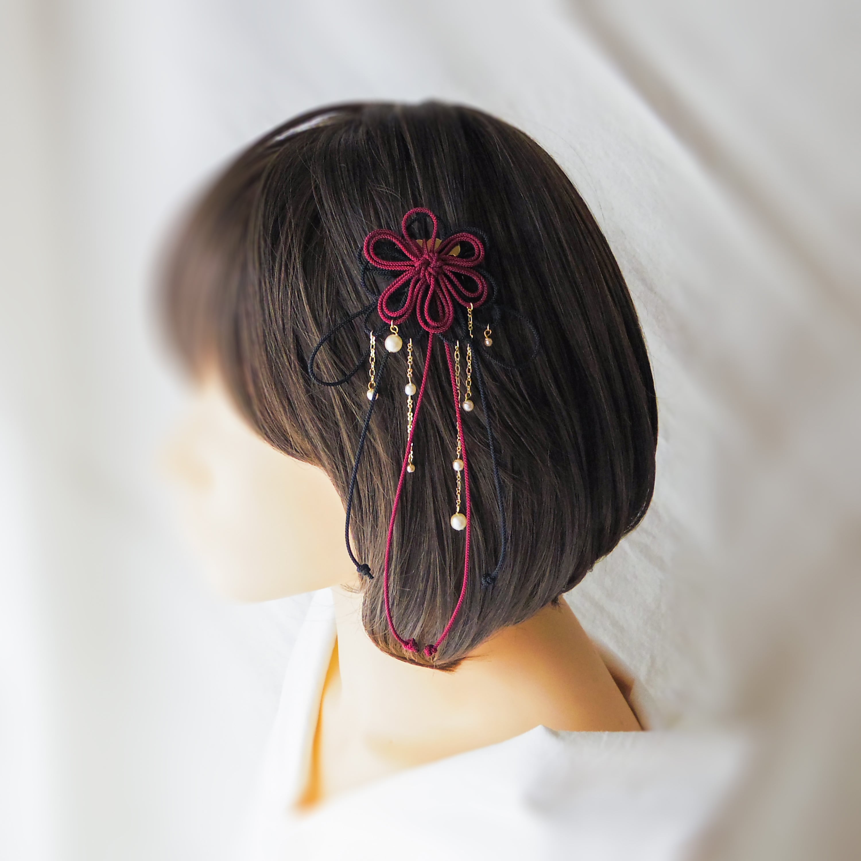 飾り結びヘアコーム(小)「爛、其レハ」(臙脂×黒)【軽量で簡単和装ヘア】浴衣・着物・七五三や成人式に。