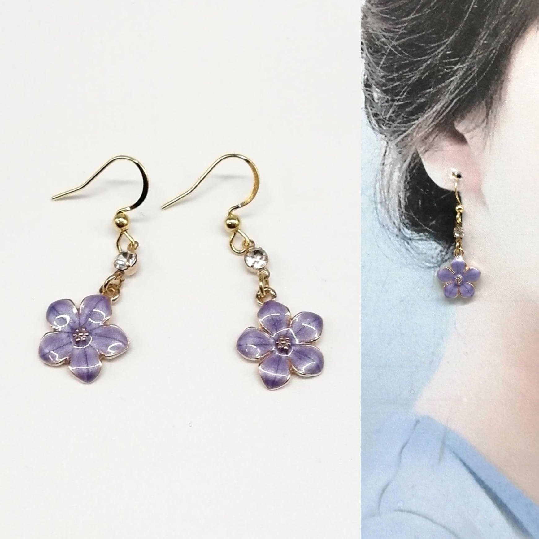 サージカルステンレス ピアス】梅の花 フラワー パープル 紫 ストーン