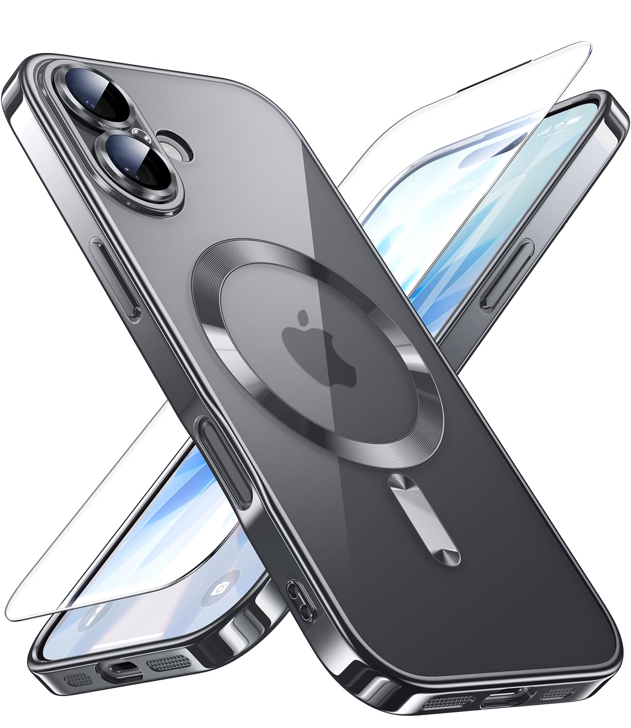 【本体の色・人気五色】JUESHITUO iPhone 17 用の ケース マグネット搭載 MagSafe充電対応 一体型レンズ保護 黄変なし 1Xスクリーン保護付き 米軍MIL規格 ストラップホール有り アイフォン 17 ケース クリア 6.3 インチ ブラック