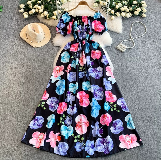 S~XL レディース 花柄 蘭 ワンピース
