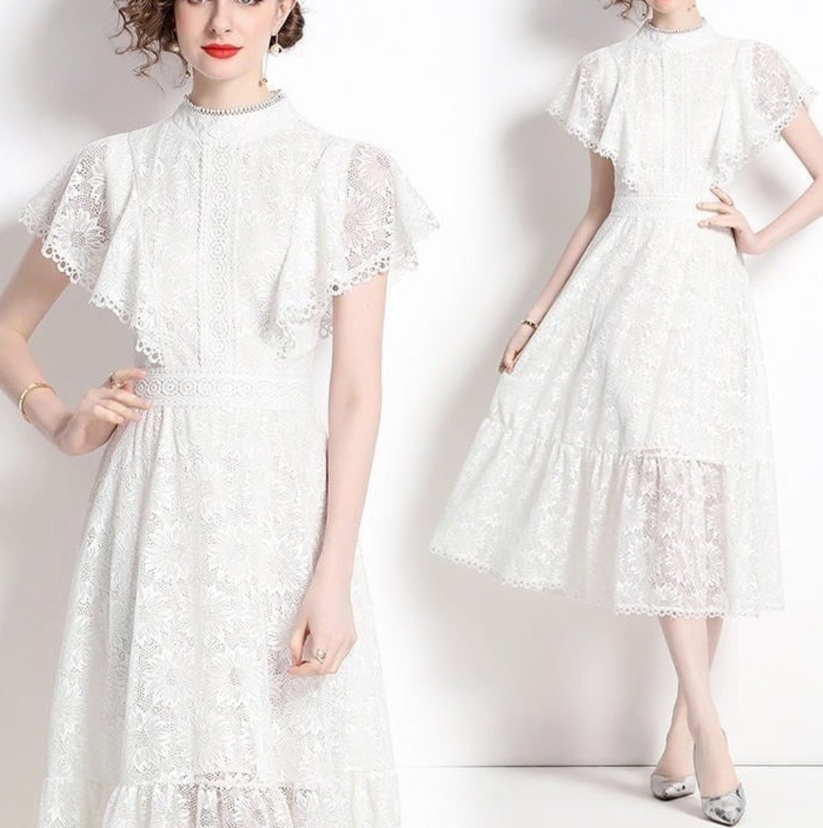 送料無料 ◇ D1622 ラッフルスリーブ スタンドネック フラワー レース  