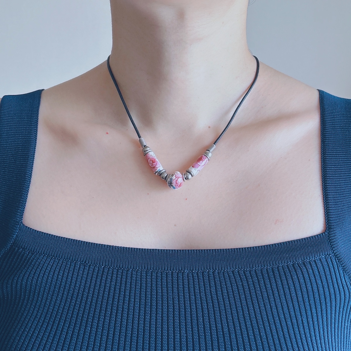 Vintage white porcelain pink flower paint beads black cord necklace
