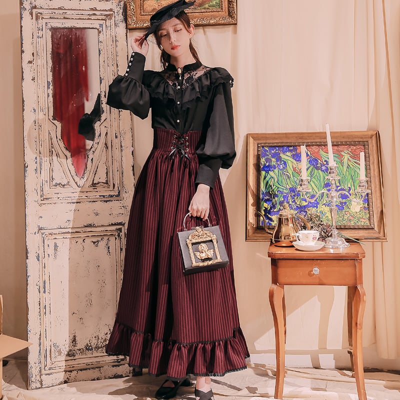 サブカル 服 地雷系 通販 クラシカルロリータ ハイウエスト ロングスカート コルセット クラロリ レースアップ リボン エレガント 甘い