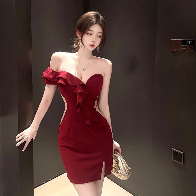 an キャバドレス② 2色】ミニドレス キャバドレス 谷間魅せ 指名 非対称 ベアトップ XH2