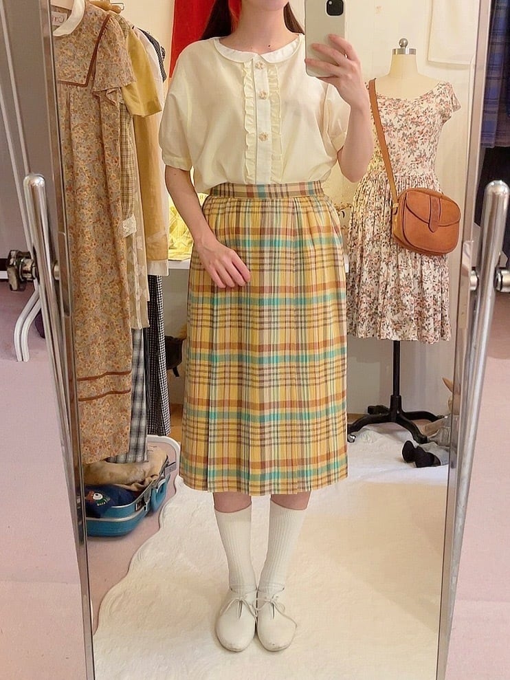 yellow green check semi skirt