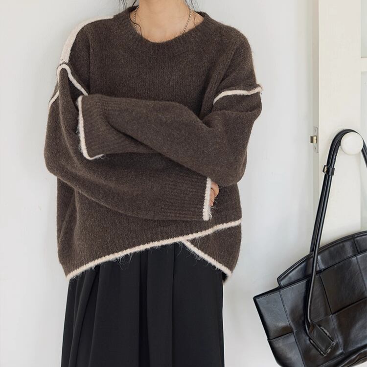 配色ステッチ ドロップショルダー プルオーバーニット 3col N00245