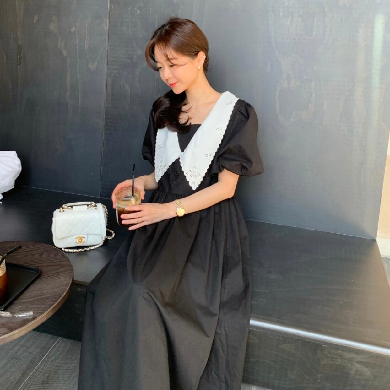 南の東大門夏の新しいレトロなフレンチ刺繍ドレストラベルスカートパフスリーブウエスト甘いロングスカート 延命家ファッション9075842