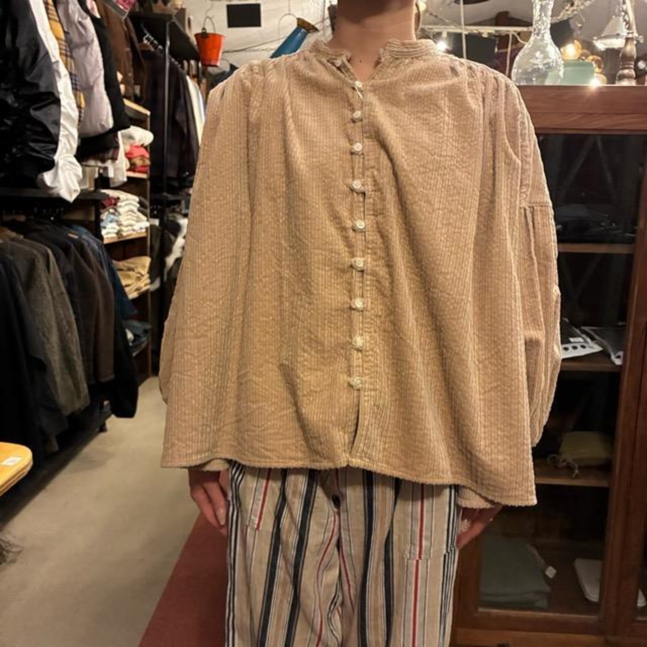 UNIVERSAL TISSU Parent-Child Corduroy Shirred Blouse, Beige/Brown, Long Sleeve Blouse, Balloon Sleeves, Oversized