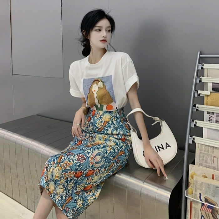 プリントホワイトTシャツ スタンダードハイウェストスリムカジュアルレディース レトロ スカート ドラファッションホール6523660098