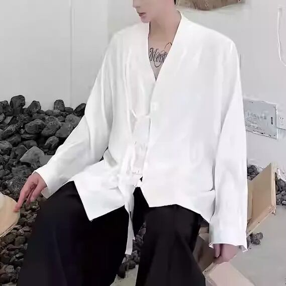 ノーカラーベルト付きオーバーサイズロングシャツ 2color MTO0357