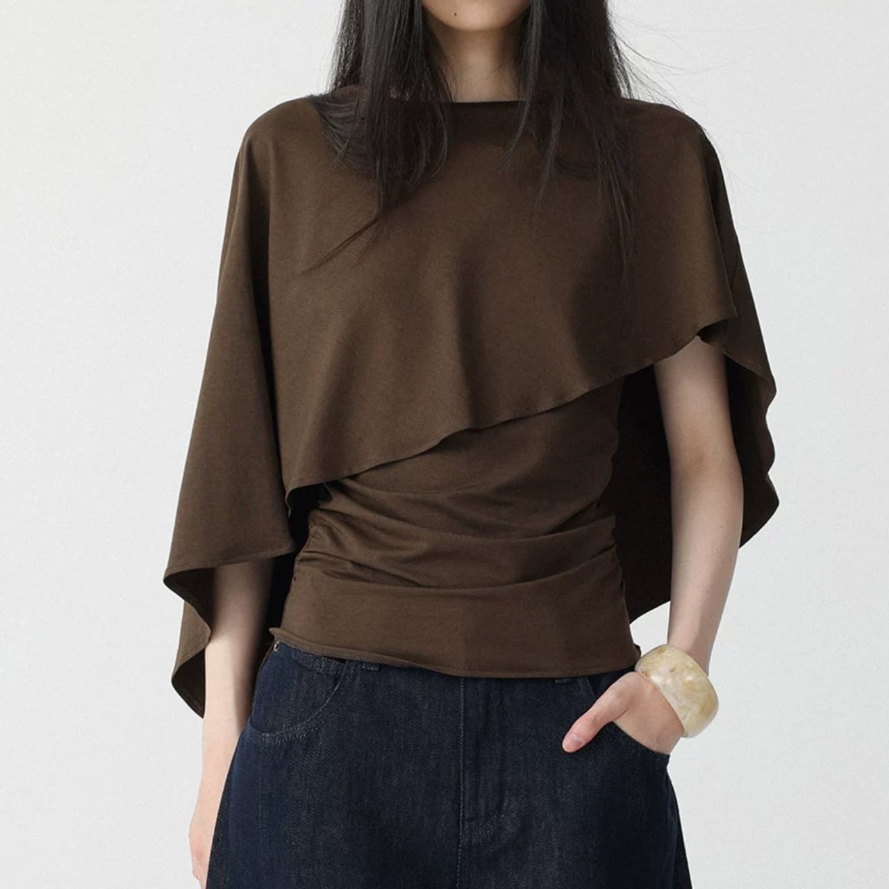 アシンメトリーケープデザイントップス(3color) 3673