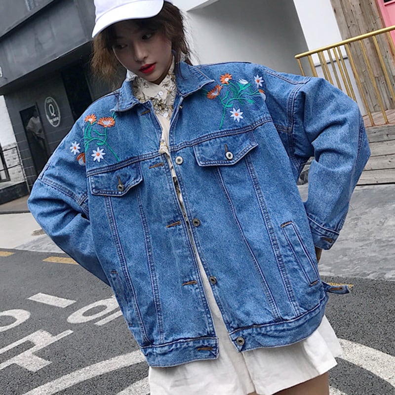 ビッグサイズ・花刺繍デニムジャケット