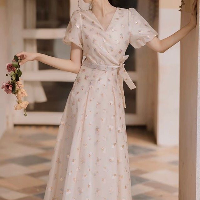 No 704 レディース シースルーワンピース Vネック パフスリーブ フローラルプリント 上品 可愛い おしゃれ 韓国ファッション 韓国のプチプラレディース 子供服ショップ Sourire