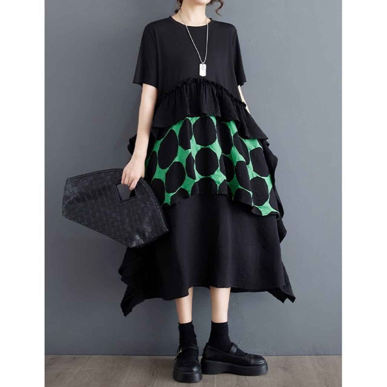 ドット柄 切替 アシンメントリーワンピース  30008