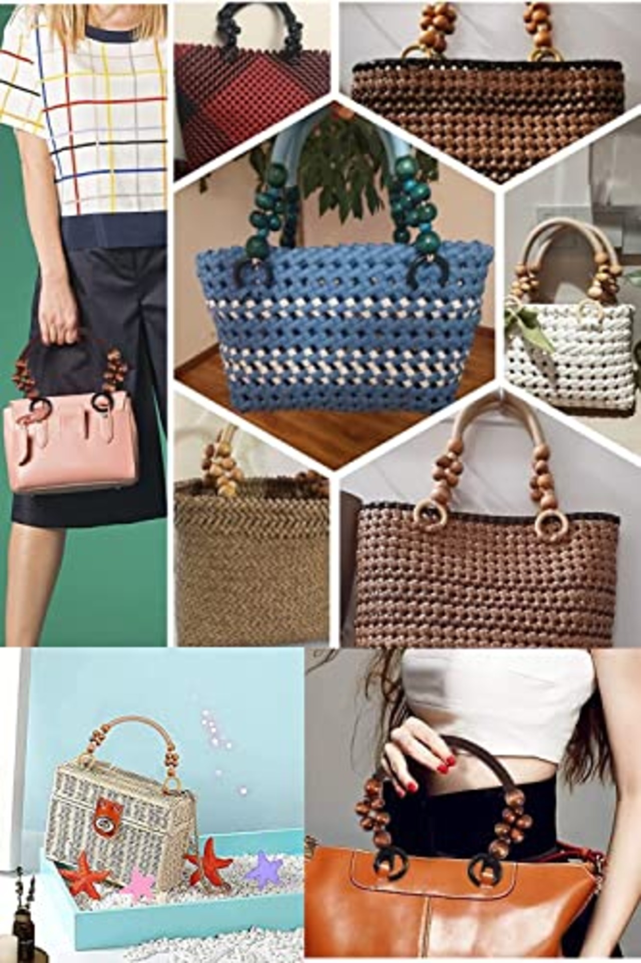 YFFSFDC 持ち手 木製 ウッドビーズ付き 6個セット 財布のハンドル ハンドバッグハンドル DIY 手芸 バッグ用 修理 交換用 持ち手 取っ手