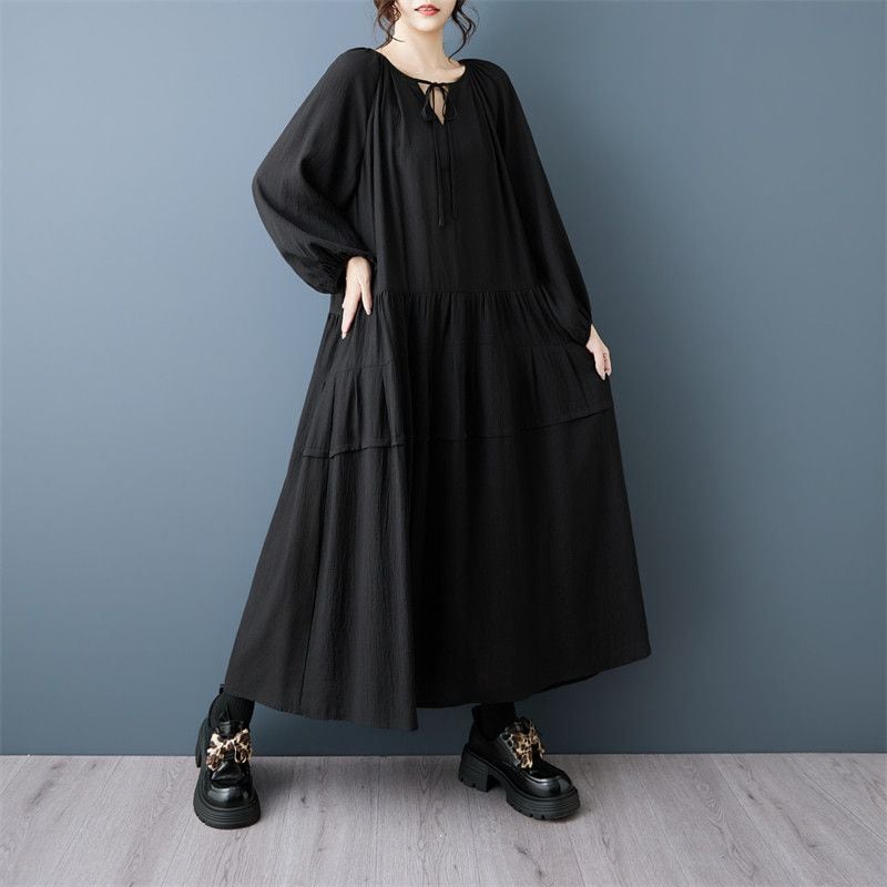 TIERED V-NECK TIE DETAIL LOOSE LONG DRESS M-18300
