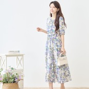 TRUBE ウエストリボンシフォン花柄マキシワンピース【M~L】アイボリー