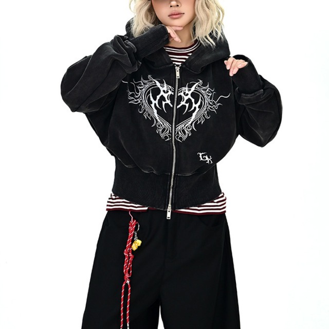 dark heart cropped zip-up hoodie　ダークハートクロップドジップアップフーディー　J1365