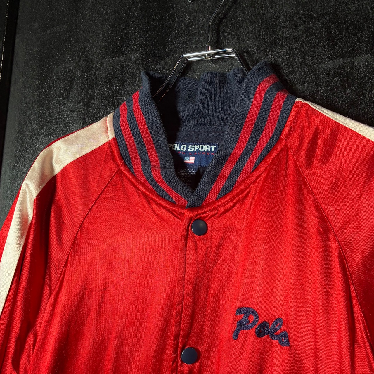90s USA製　POLO SPORT レーヨンサテンスタジャン　赤　ポロスポーツ　スクリプトロゴ