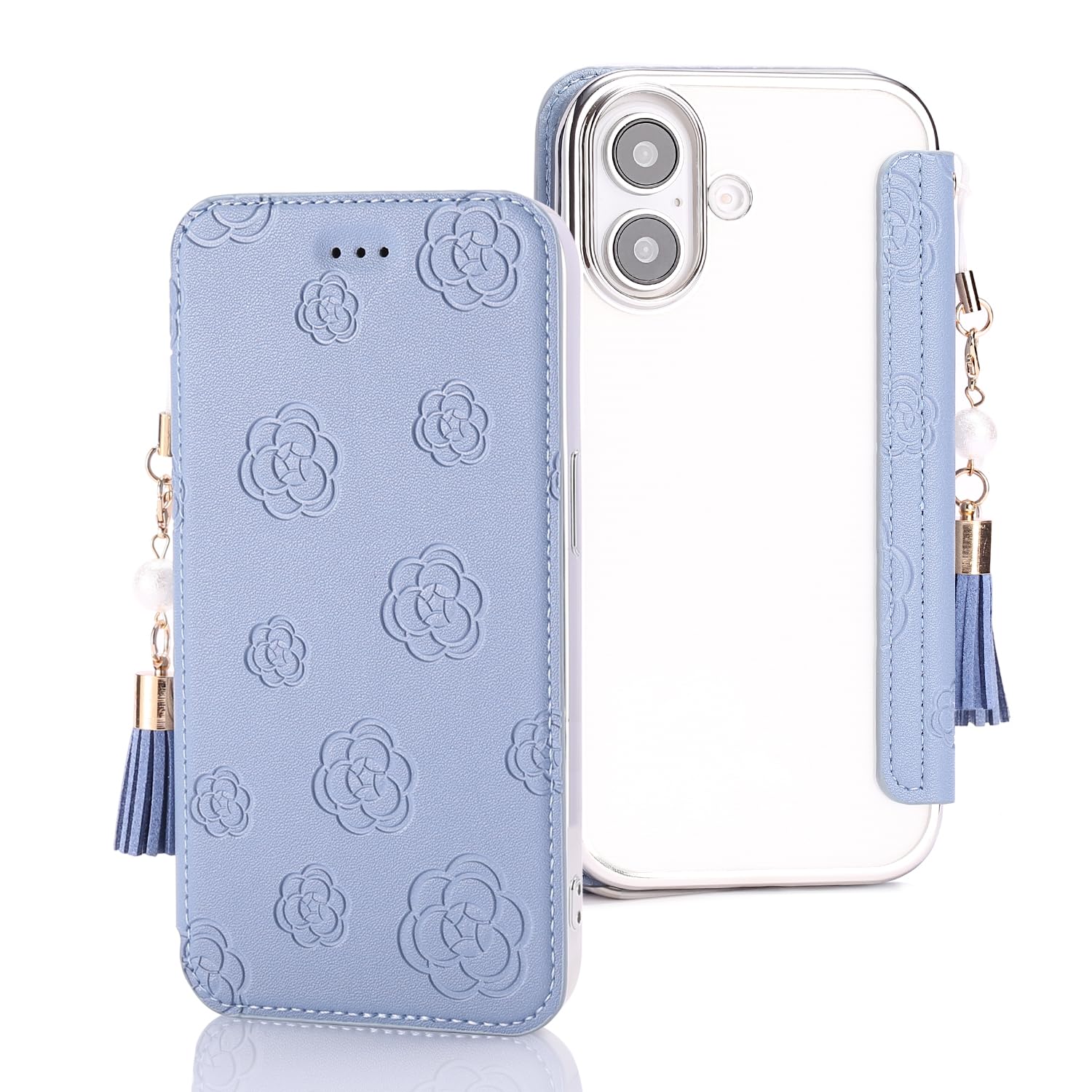 NicNik用の iphone17 手帳型 スマホケース 花柄 かわいい 軽量 ワイヤレス対応 マグネットなし 透明 背面クリア 薄型 スモークブルー