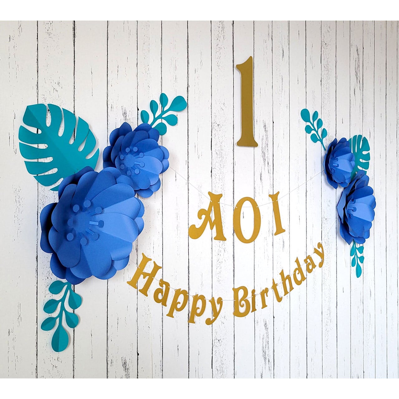 ボタニカルなフラワーアーチの1歳誕生日飾り付けセット（ブルー