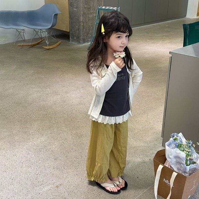【KID】女の子シンプル無地リボンリブサマーカーディガン - 9