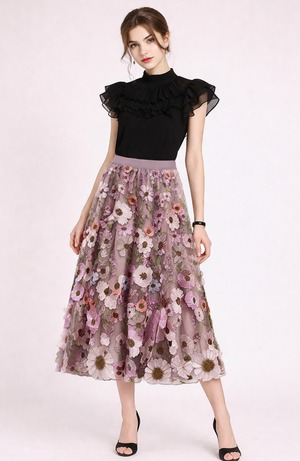 Best Hit ブラウス&ブラッシュ・ペタル　フラワー刺繍スカートセット　M25213