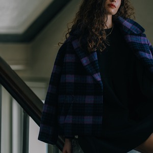 ウールメルトンショートコート(パープルチェック)