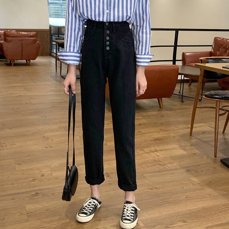 スタンダードハイウェストジーンズ スプリングオータムブラックパンツ 薄手 レトロ 春物 秋物 萌量不足53665533277