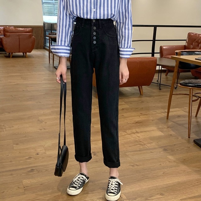 スタンダードハイウェストジーンズ スプリングオータムブラックパンツ 薄手 レトロ 春物 秋物 萌量不足53665533277