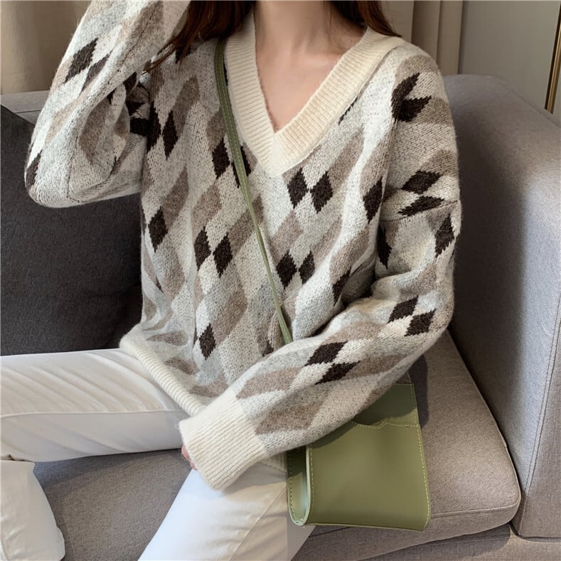 美品★BARACUTAアーガイルVネックニットL
