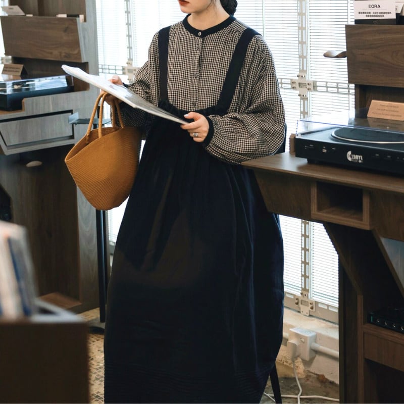 プリーツ裾レースサスペンダー風ワンピース W1709