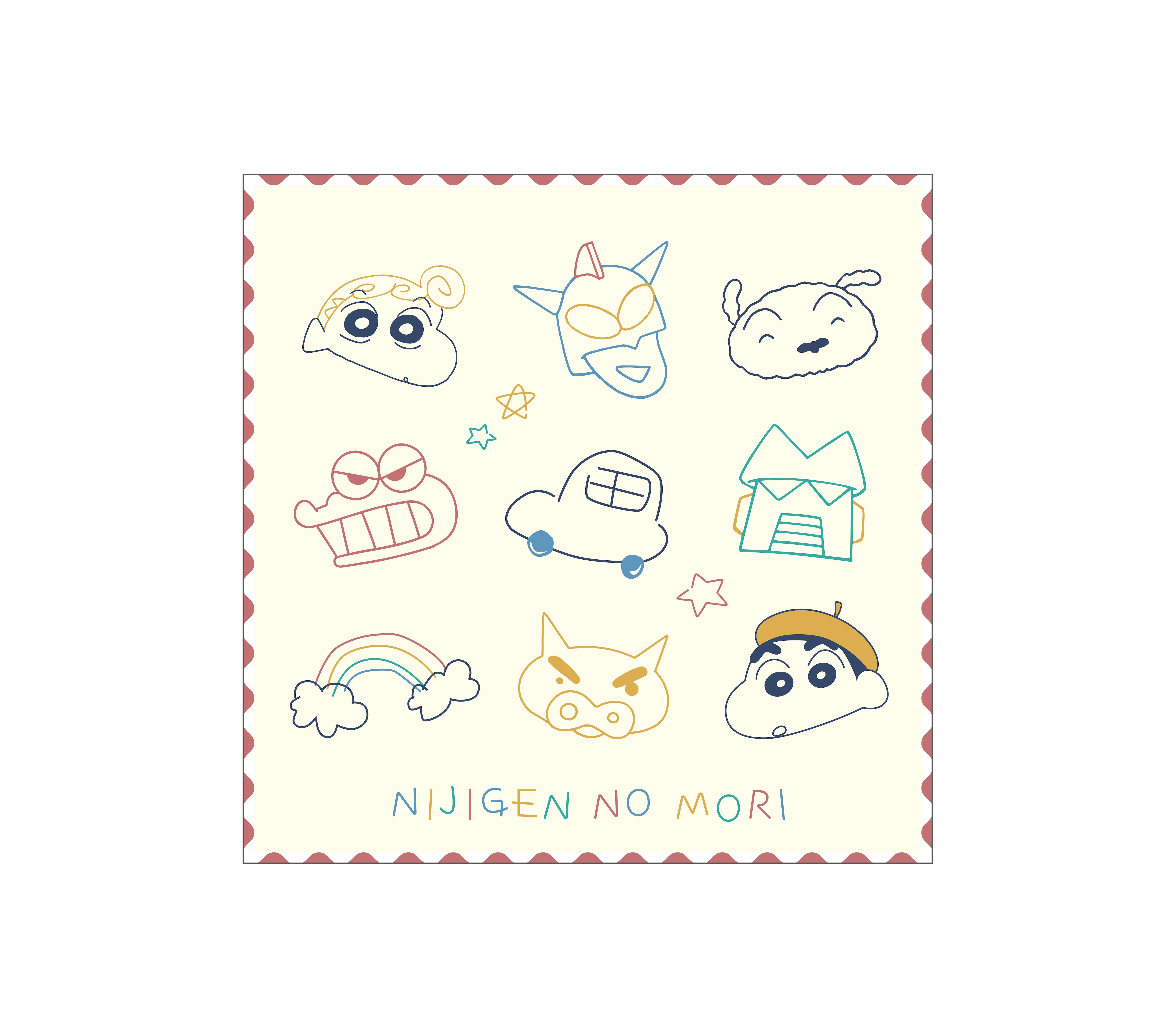 ヴィンテージクロス＆ハンドメイド刺繍アニマルちゃん·͜· ♡ 刺繍ハンカチ【クレヨンしんちゃんアドベンチャーパーク