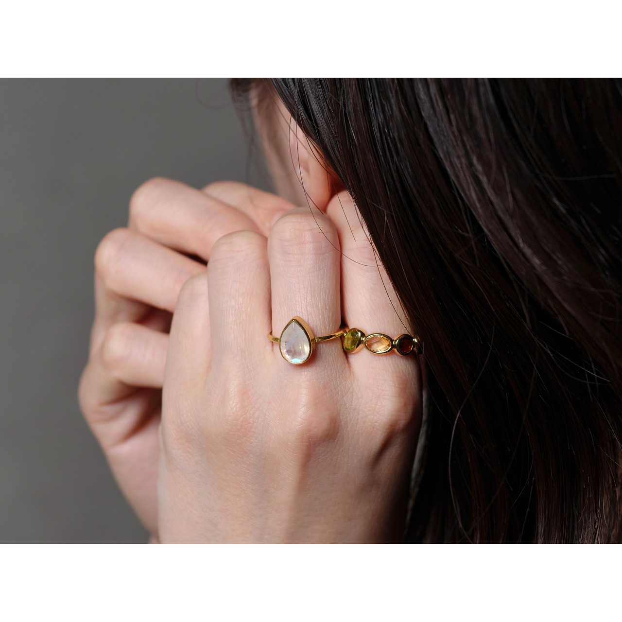 S925 PETIT STONE THIN RING -RAINBOW MOON STONE-