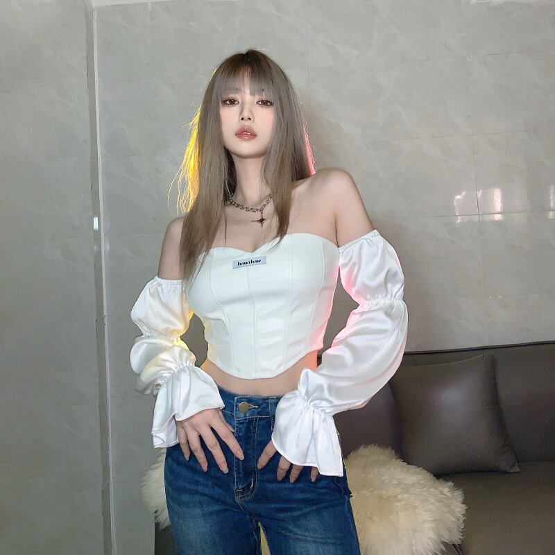 Tops Bare Top Cool トップス ベアトップ チューブトップ エコレザー ツーピース ベアトップ アームウォーマー 2点セット クール セクシー ストリート トレンド オシャレ シンプル ホワイト 着回し アクティブ 大人 可愛い カジュアル お出かけ ダンス 衣装 春 秋 Sea